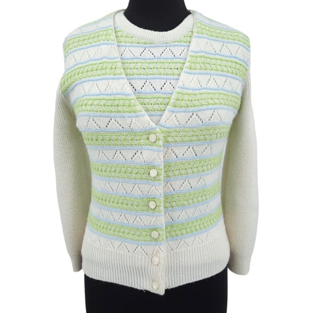 VTG 60s Wintuk Green Blue Stripe Sleeveless Knit Top Cardigan Twin Set Size S - Picture 2 of 9